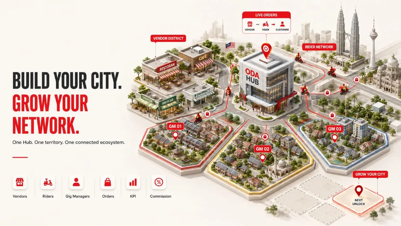 ODA Hub city ecosystem with vendor district, riders and Gig Manager zones