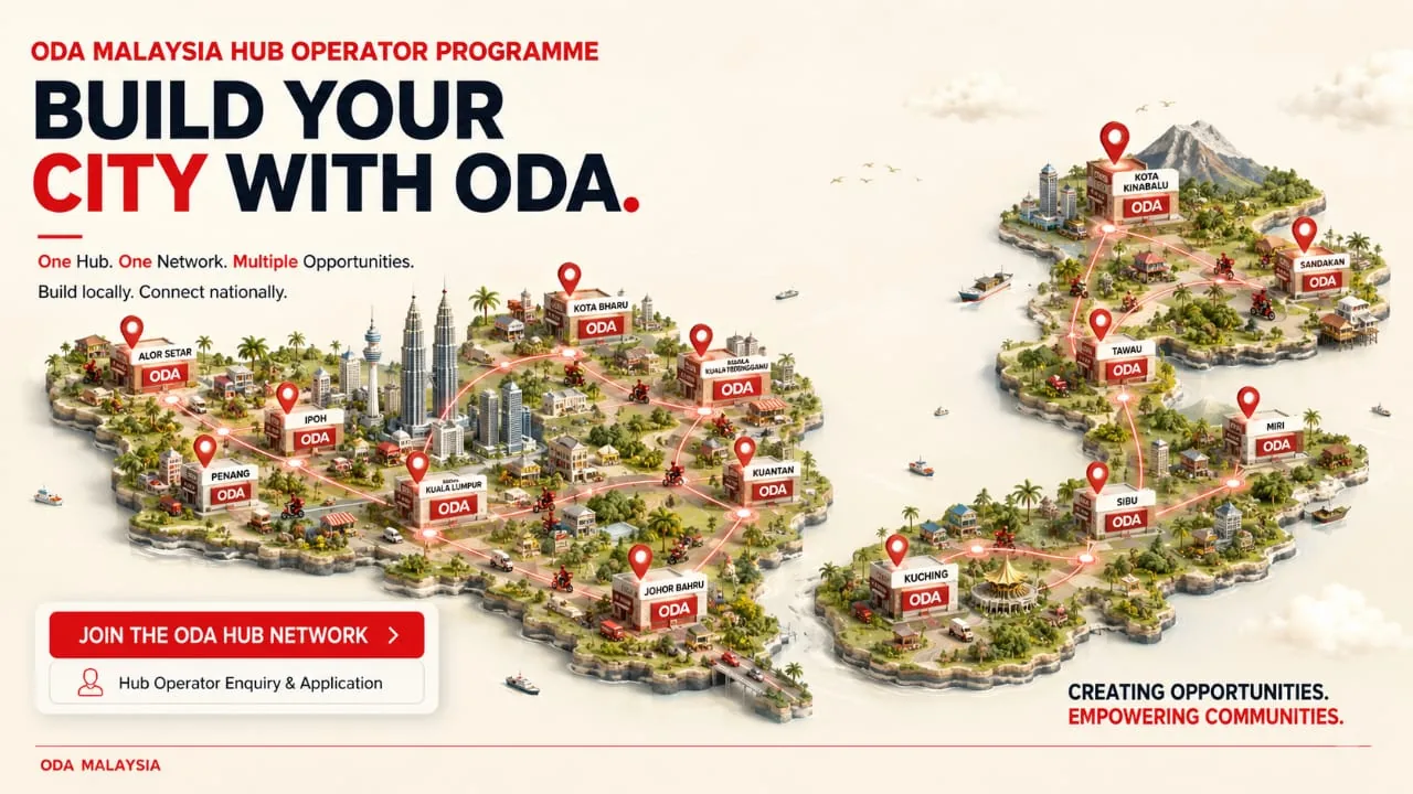 Illustrated ODA Malaysia hub network map across Peninsular Malaysia Sabah and Sarawak