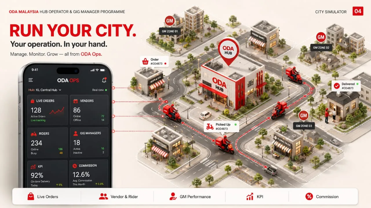 ODA Ops dashboard showing live orders, vendors, riders, Gig Managers, KPI and commission